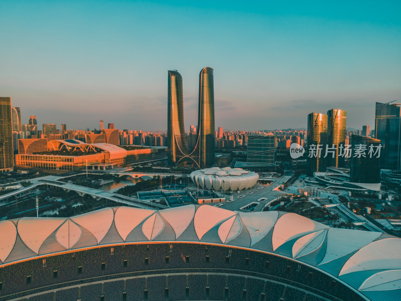 航拍杭州亚运会奥体中心城市风光