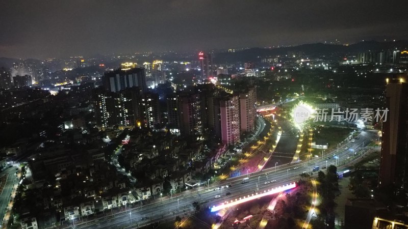 航拍广东省东莞市清溪镇夜景城市风光