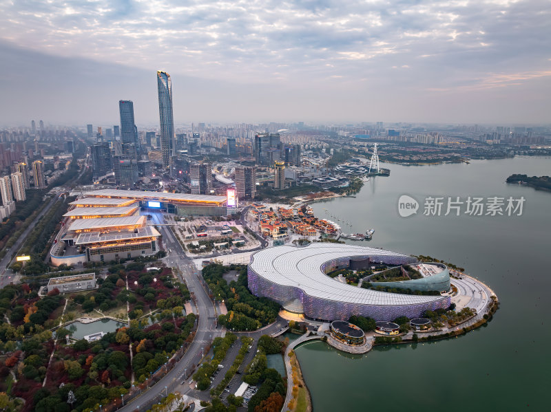 江苏苏州金鸡湖东方之门CBD日落夜景航拍