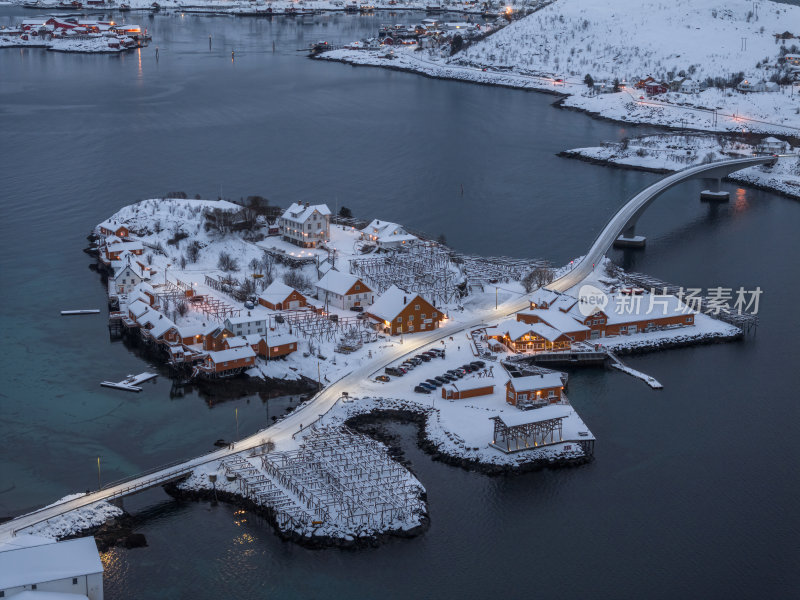 挪威罗弗敦群岛北极圈雷纳冬季雪景高空航拍