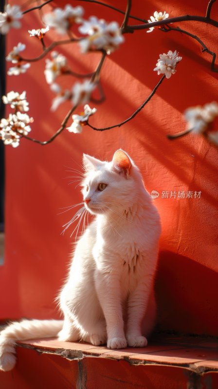 春日暖阳红墙白猫可爱猫咪晒太阳背景