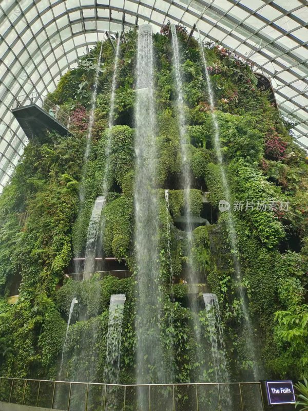 室内瀑布景观 绿植环绕生机盎然