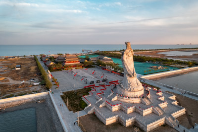 天津生态城东堤公园妈祖文化园日落晚霞风光