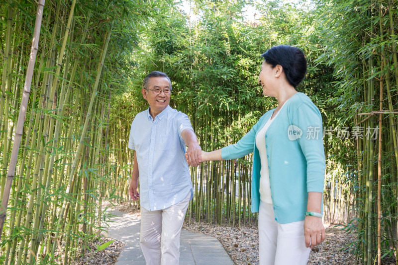 一对老夫妻在竹林散步