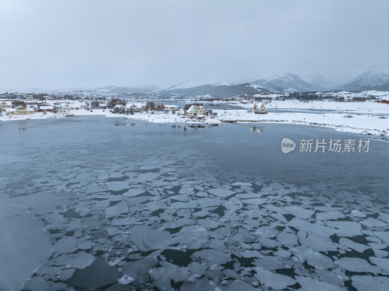 挪威罗弗敦群岛北极圈雷纳冬季雪景高空航拍