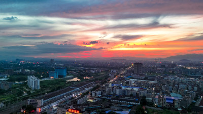 玉林城市日落晚霞夕阳航拍图