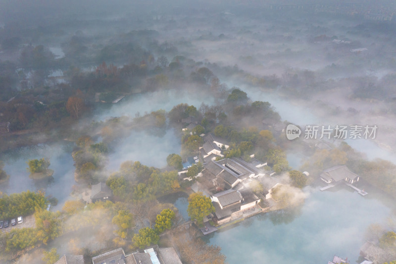 杭州西溪湿地公园秋天云雾航拍