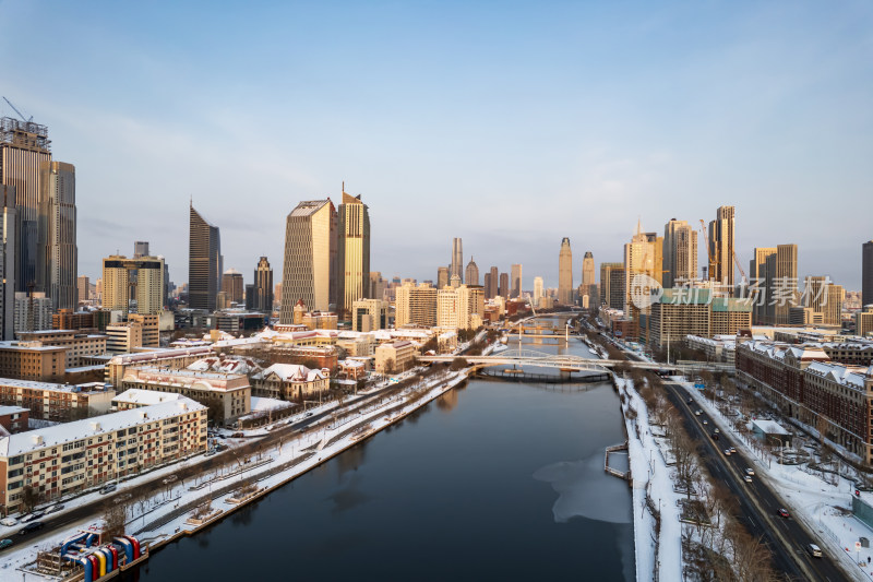 天津海河直沽桥小白楼商圈城市建筑雪景风光