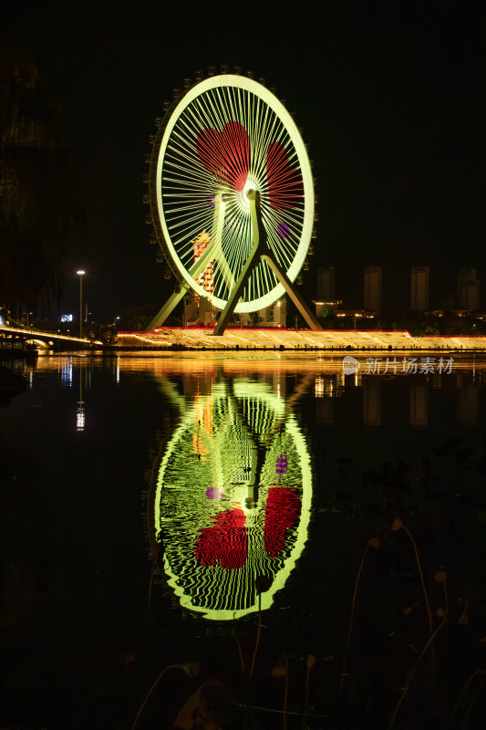 唐山惠丰湖唐山之光摩天轮夜景与湖光倒影