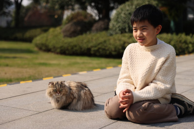 一个小男孩与宠物猫互动的温馨场景