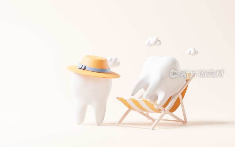 躺在沙滩椅上的牙齿3D渲染