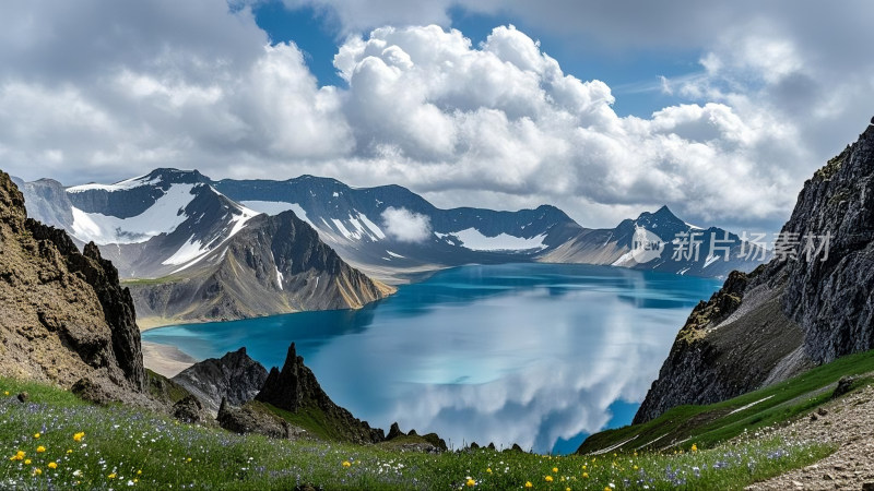 冬季雪山环绕的湖泊景观天池风光