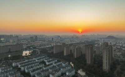 航拍昆山冬日城市日落风光大景