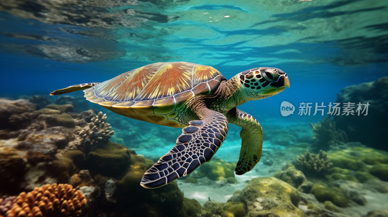 一只海龟在清澈见底的海洋中自由游弋的瞬间