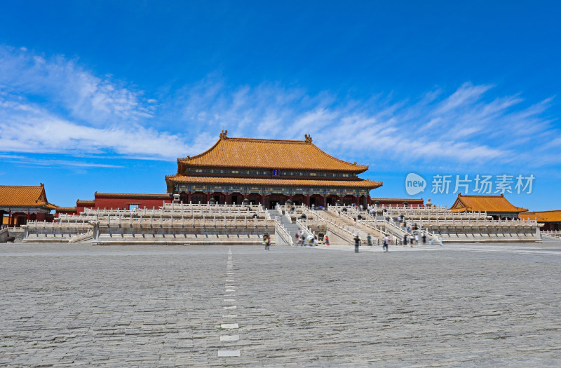 蓝天白云下巍峨的故宫太和殿中式古建筑