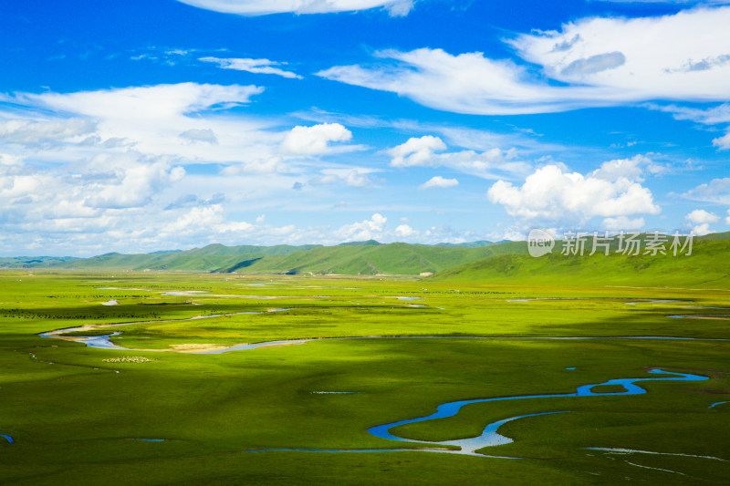 蓝天白云草原上的河流湿地