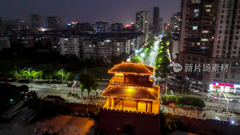 航拍湖北鄂州武昌门夜景灯光