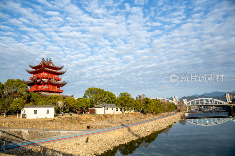 浙江龙泉 河畔红阁楼景观及周边环境