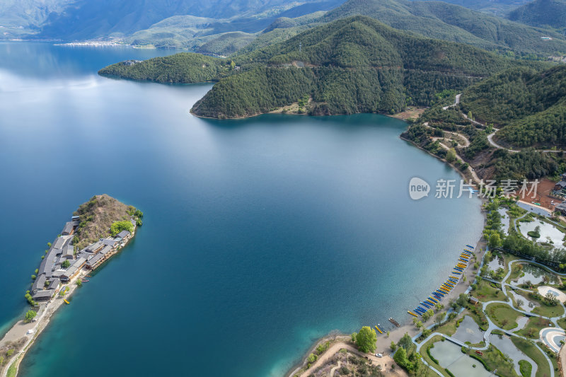 云南丽江泸沽湖摩梭族美景高空航拍