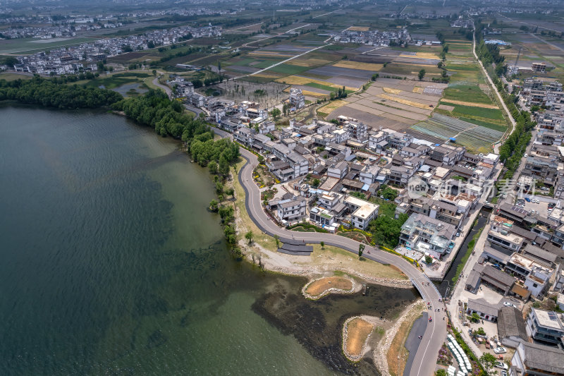 云南大理白族苍山洱海旁S弯高空航拍