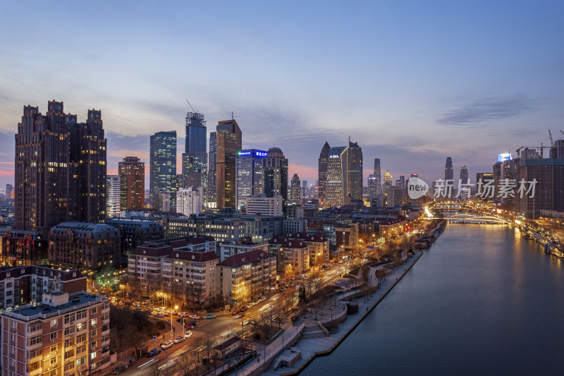 天津海河刘庄桥直沽桥日落城市建筑夜景航拍