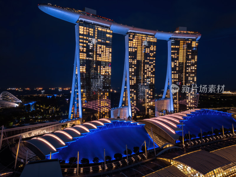 新加坡滨海湾金沙海滨奥林匹克蓝调夜景航拍