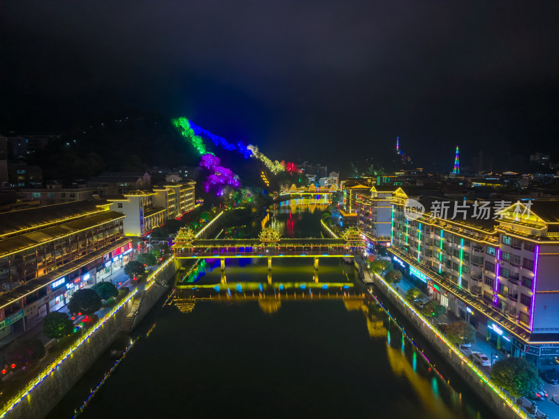 湖南怀化通道廊桥通道风雨桥夜景航拍