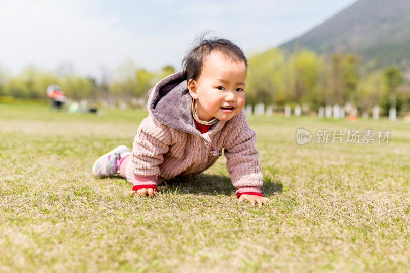 户外草地上爬行的可爱宝宝