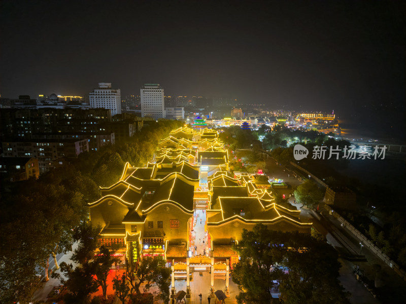 湖南岳阳楼景区汴河街夜景航拍