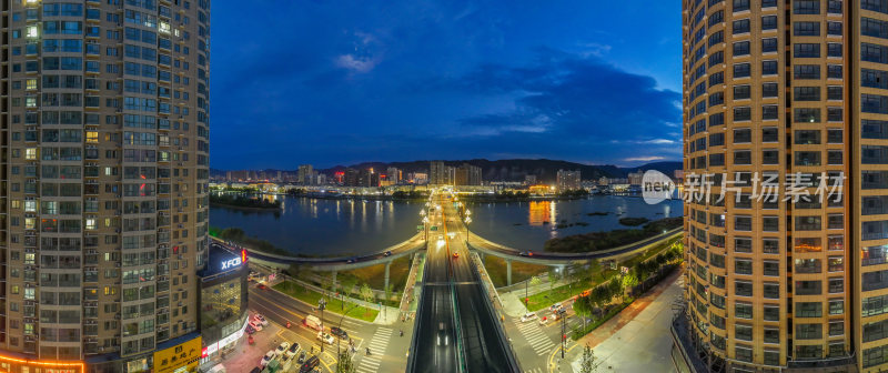 河南宜阳县城河流两岸楼房经济发展航拍夜景