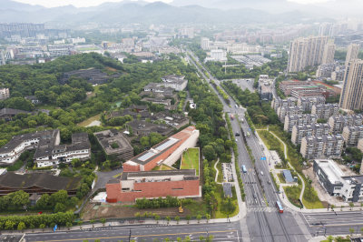 浙江杭州市钱塘江转塘板块晨曦航拍