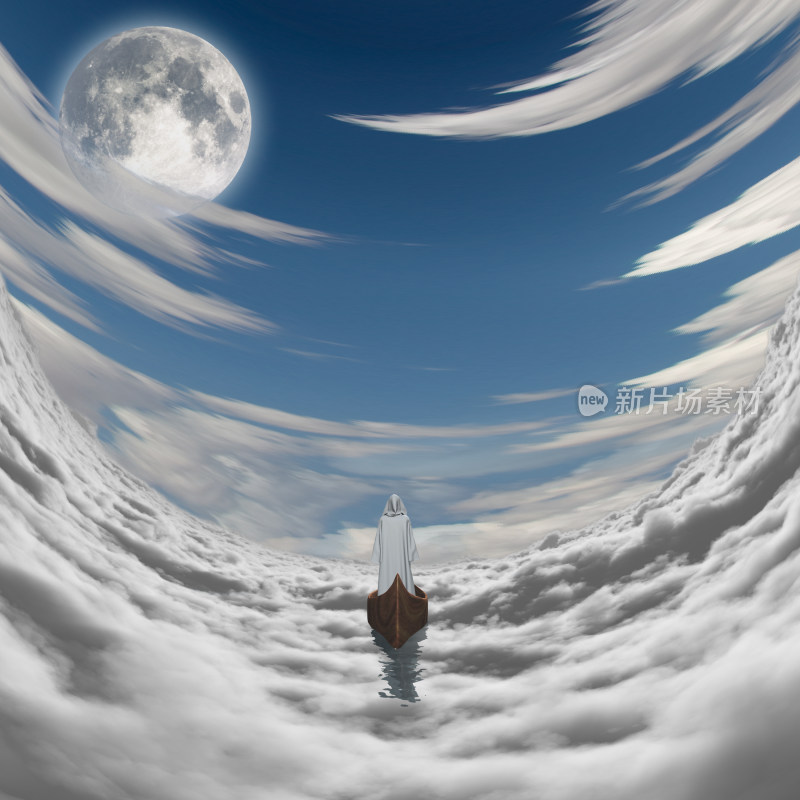 云端孤舟人物与明月景象