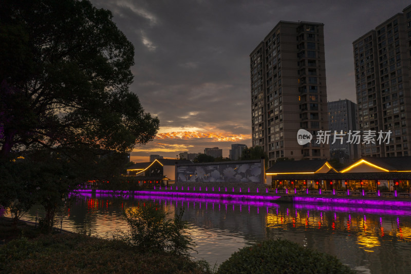杭州拱墅区朝晖上塘河夜景航拍