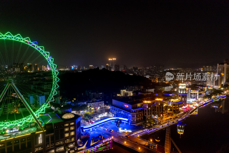 广东中山岐石河摩天轮夜景灯光航拍摄影图