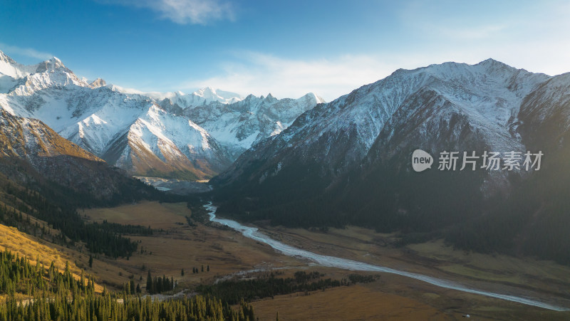 新疆天山山脉下的雪山河谷森林自然风景