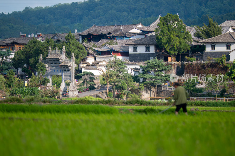乡村古建筑前有人在田间劳作