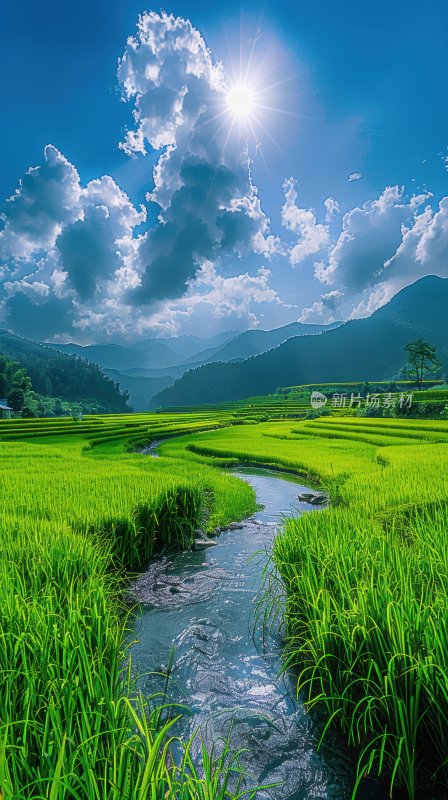 田园绿油油稻田风光溪流乡村田园背景