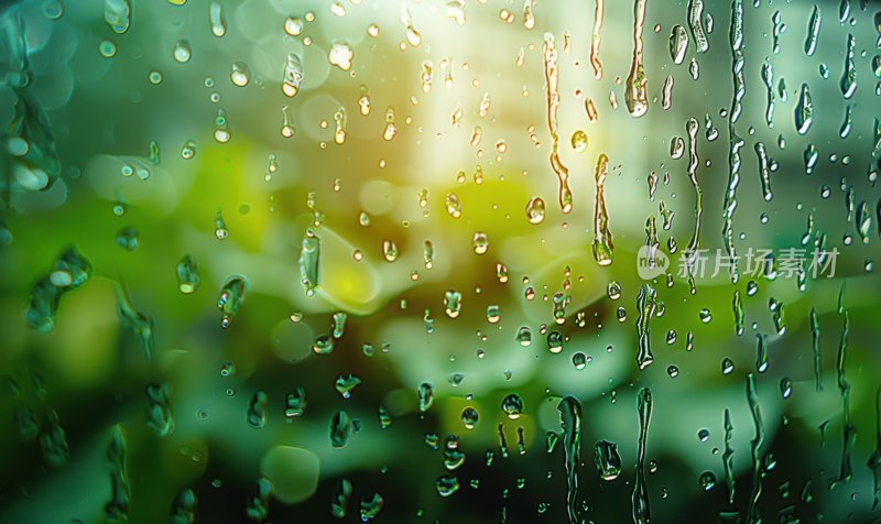 雨后模糊玻璃小雨水滴朦胧窗景背景