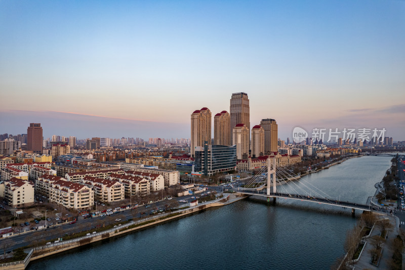 天津海河刘庄桥直沽桥日落城市建筑夜景航拍