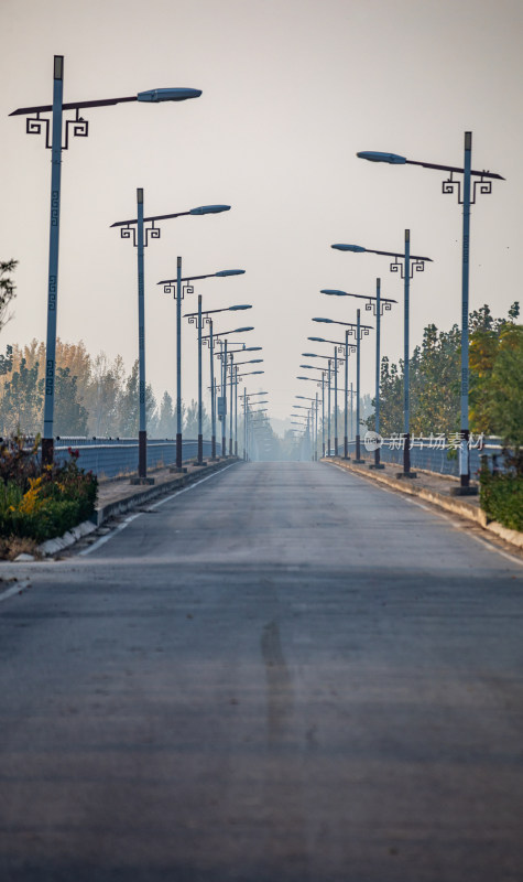 道路上整齐排列的中式路灯