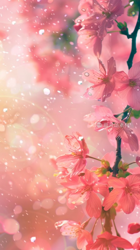 春天梦幻唯美雨水下的花朵背景