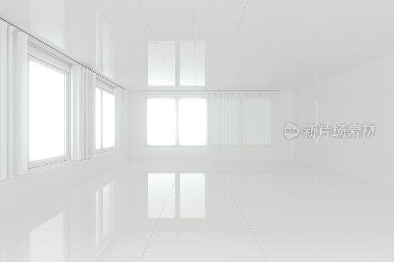 有窗帘的纯白色的房间 三维渲染