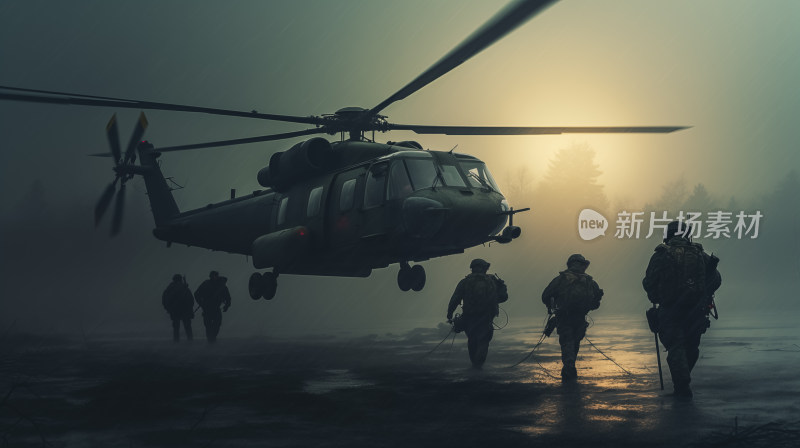 军人黎明朝阳迷雾中走向等待起飞的直升机