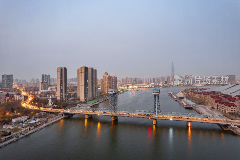 天津海河响螺湾海门大桥城市风光夜景航拍