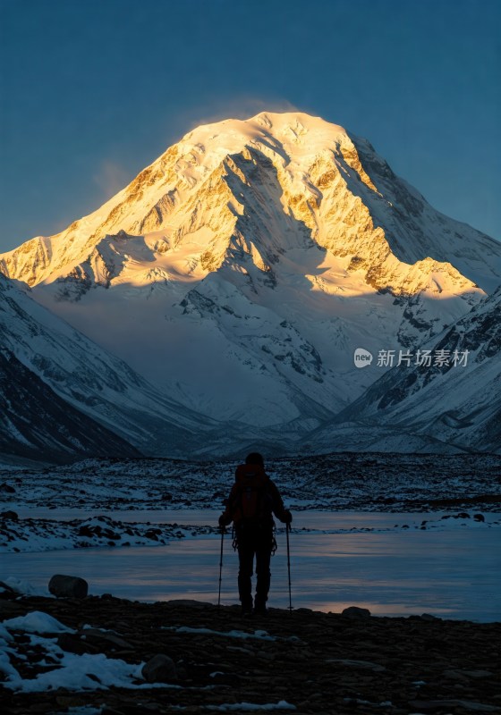 徒步者眺望雪山壮丽景观