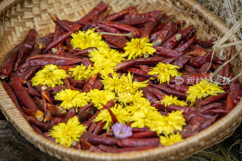 秋日竹筐里的红辣椒与黄菊花静物特写