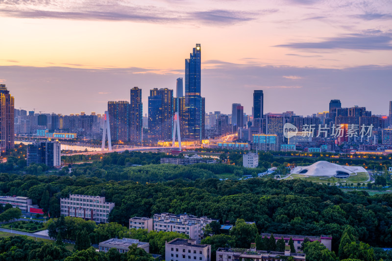 夏季武汉琴台大剧院月湖城市天际线夜景风光