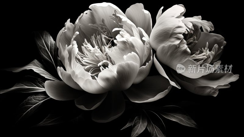 黑白影像，牡丹花