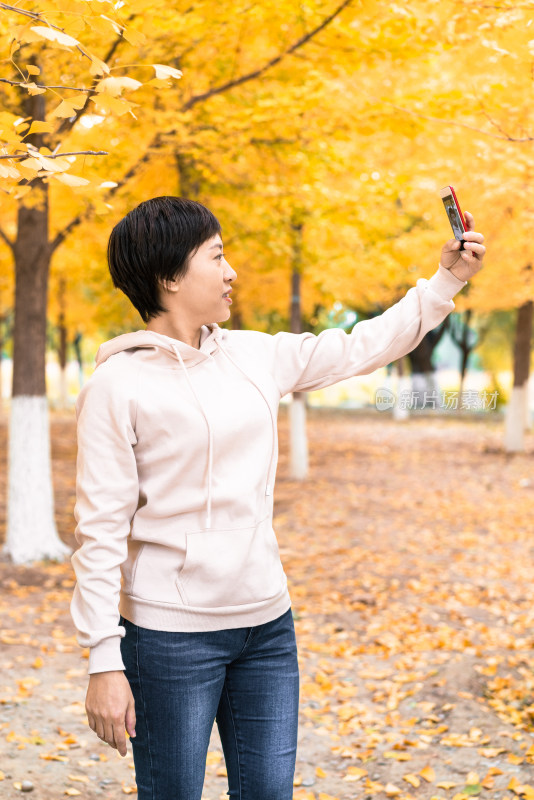 秋天在银杏树林中用手机自拍的女性
