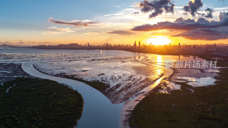 广东大湾区深圳前海湾涂滩日落城市夜景航拍